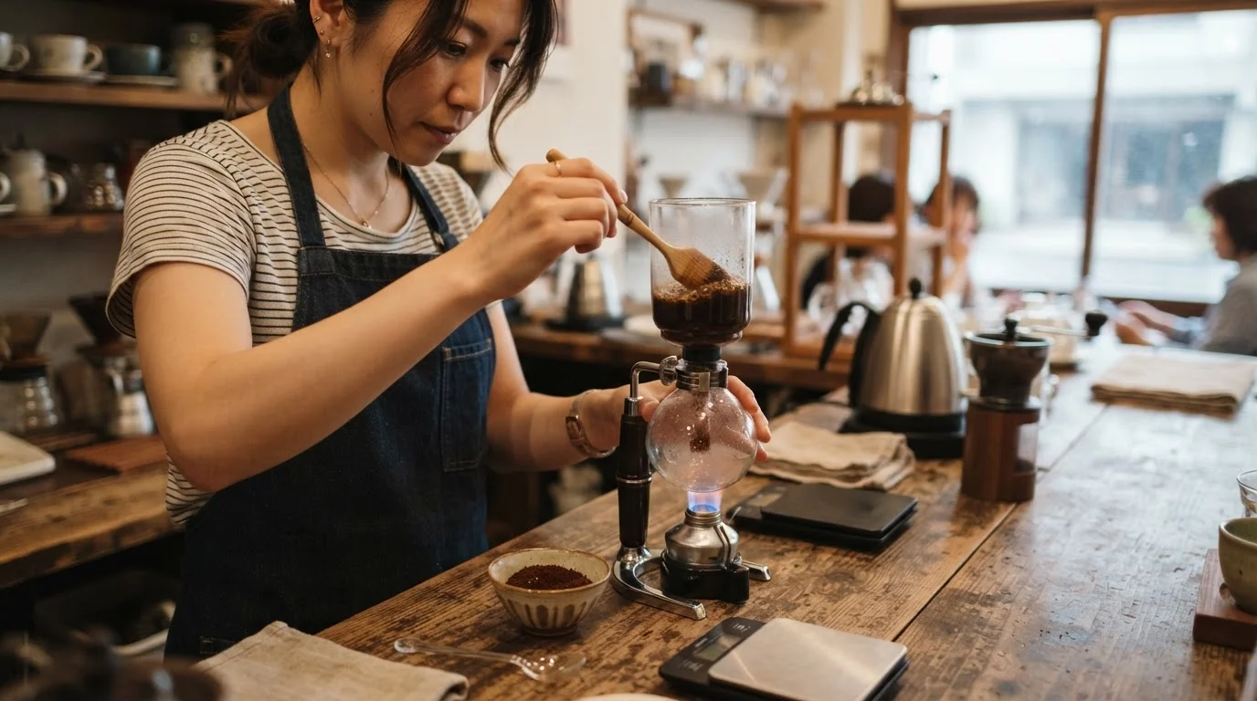 光サイフォンのガラス器具からコーヒーを抽出する手元